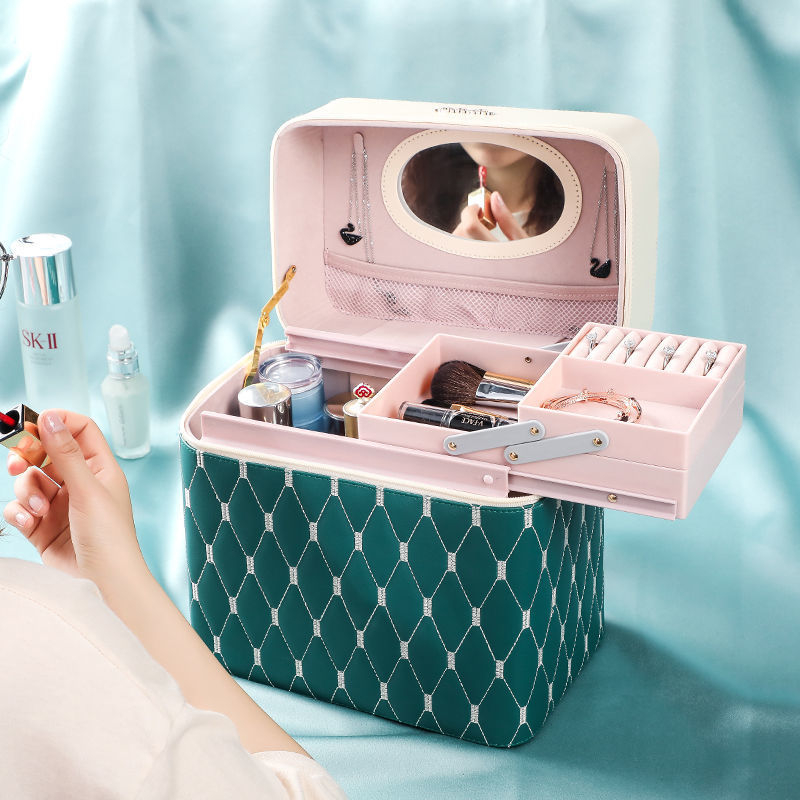 Prijenosna kućna kozmetička torbica s velikom kapacitetom i višefunkcionalni stolni organizator za njegu kože | PU materijal, univerzalni kotačići, zatvarač, vodootporan, proširivi prostor za pohranu
