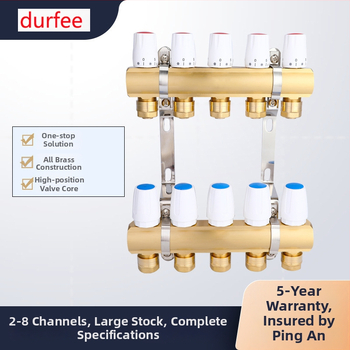 Geotermálny ručný intelligentný integrovaný meďový rozdeľovač vody DF8303 s manuálnym a elektrickým aktuátorom regulácie, závitové pripojenie, prevádzková teplota 5–90°C, hlavný DN25.