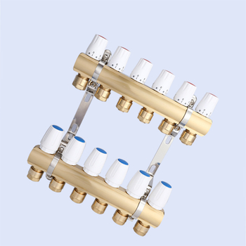 Geotermálny ručný intelligentný integrovaný meďový rozdeľovač vody DF8303 s manuálnym a elektrickým aktuátorom regulácie, závitové pripojenie, prevádzková teplota 5–90°C, hlavný DN25.