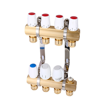 Geotermálny ručný intelligentný integrovaný meďový rozdeľovač vody DF8303 s manuálnym a elektrickým aktuátorom regulácie, závitové pripojenie, prevádzková teplota 5–90°C, hlavný DN25.