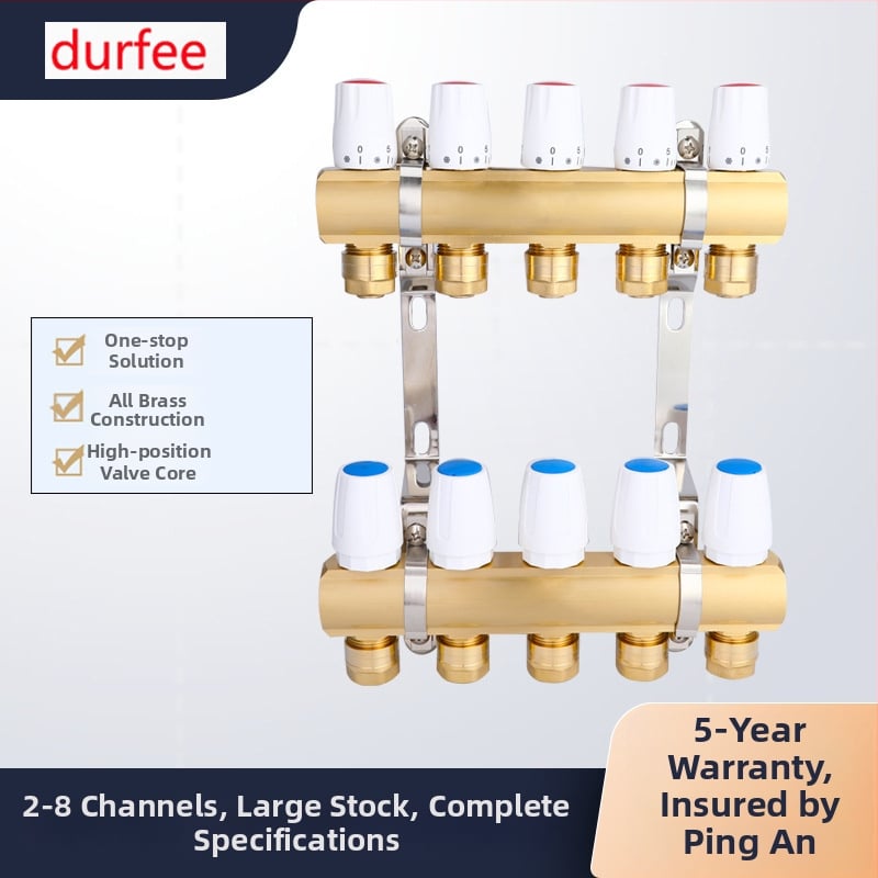 Geotermálny ručný intelligentný integrovaný meďový rozdeľovač vody DF8303 s manuálnym a elektrickým aktuátorom regulácie, závitové pripojenie, prevádzková teplota 5–90°C, hlavný DN25.
