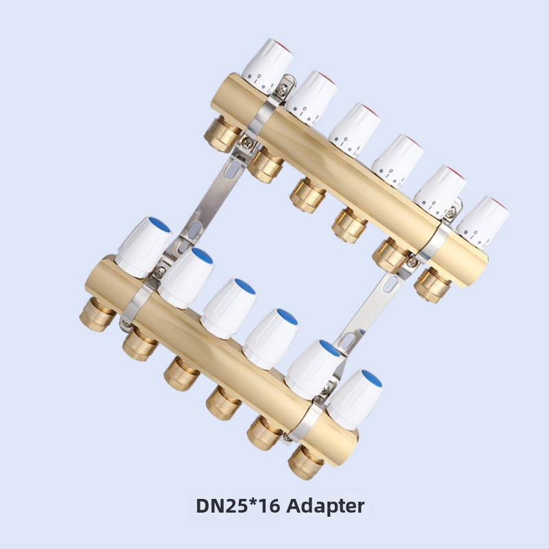 Geotermálny ručný intelligentný integrovaný meďový rozdeľovač vody DF8303 s manuálnym a elektrickým aktuátorom regulácie, závitové pripojenie, prevádzková teplota 5–90°C, hlavný DN25.