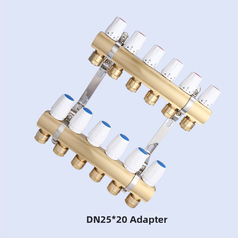 Geotermálny ručný intelligentný integrovaný meďový rozdeľovač vody DF8303 s manuálnym a elektrickým aktuátorom regulácie, závitové pripojenie, prevádzková teplota 5–90°C, hlavný DN25.