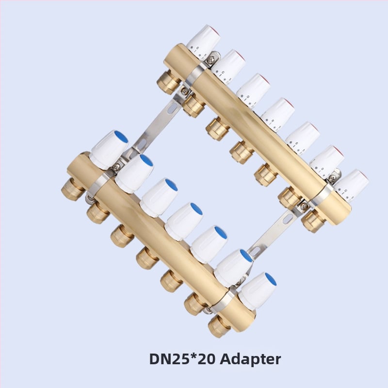 Geotermálny ručný intelligentný integrovaný meďový rozdeľovač vody DF8303 s manuálnym a elektrickým aktuátorom regulácie, závitové pripojenie, prevádzková teplota 5–90°C, hlavný DN25.