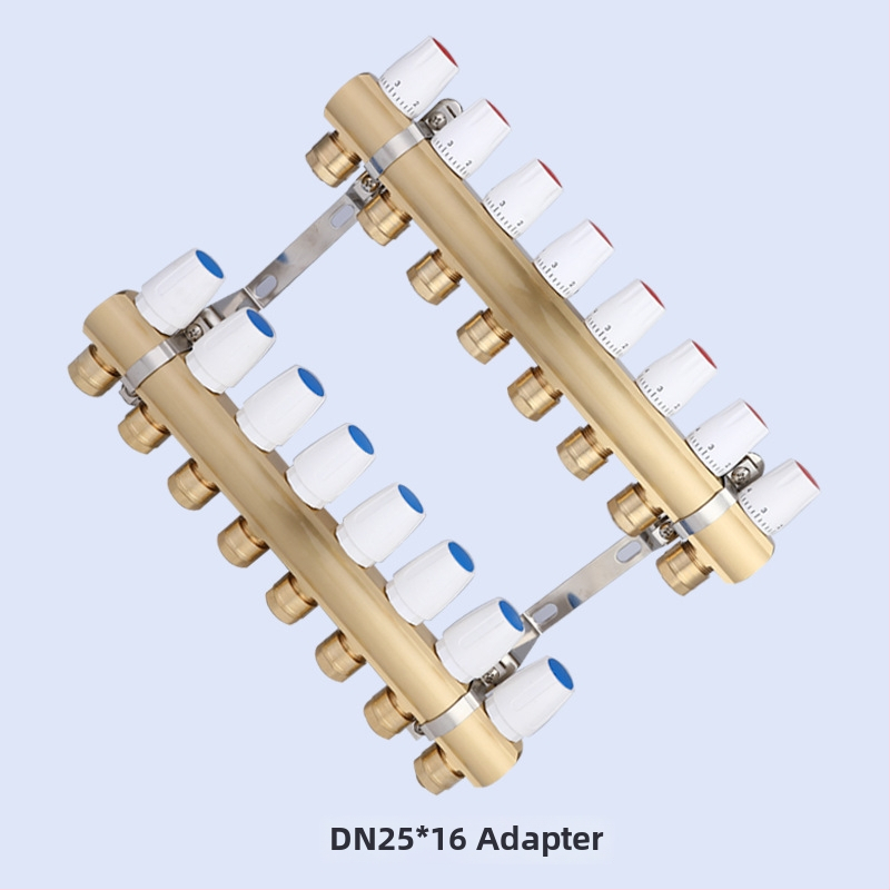 Geotermálny ručný intelligentný integrovaný meďový rozdeľovač vody DF8303 s manuálnym a elektrickým aktuátorom regulácie, závitové pripojenie, prevádzková teplota 5–90°C, hlavný DN25.