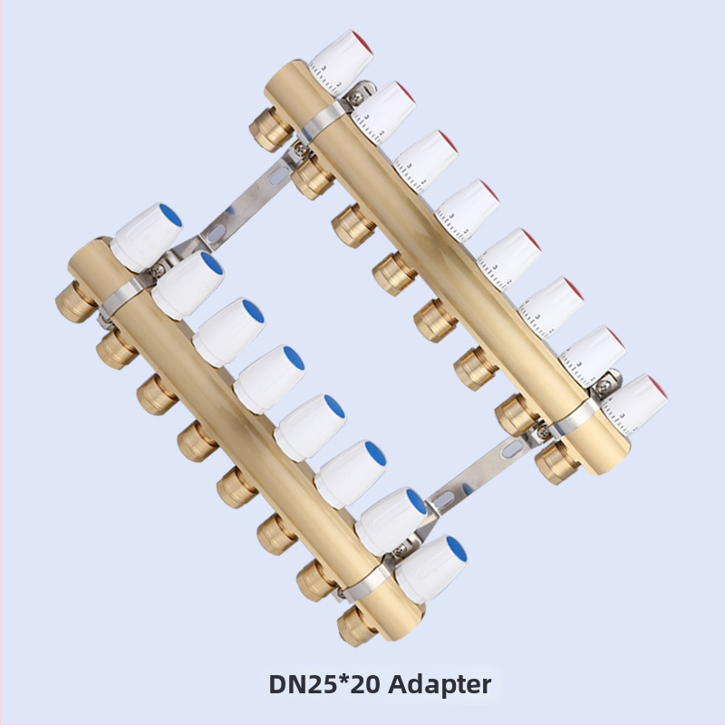 Geotermálny ručný intelligentný integrovaný meďový rozdeľovač vody DF8303 s manuálnym a elektrickým aktuátorom regulácie, závitové pripojenie, prevádzková teplota 5–90°C, hlavný DN25.