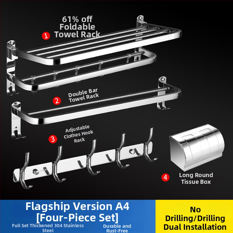 304 rozsdamentes acél törölközőtartó, polírozott felület, hat darabos készlet, modern minimalista fürdőszoba