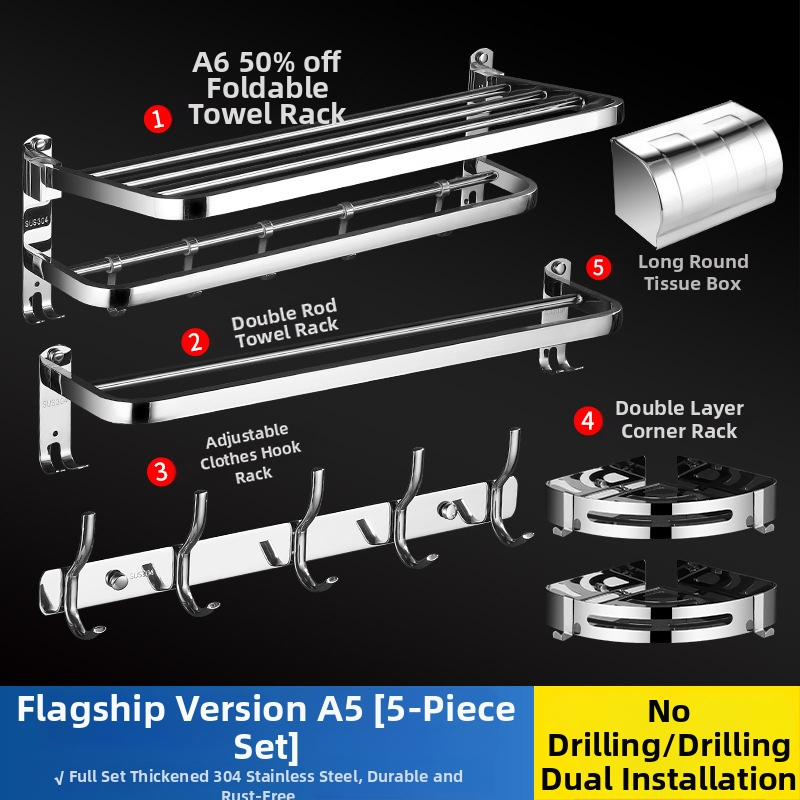 304 rozsdamentes acél törölközőtartó, polírozott felület, hat darabos készlet, modern minimalista fürdőszoba