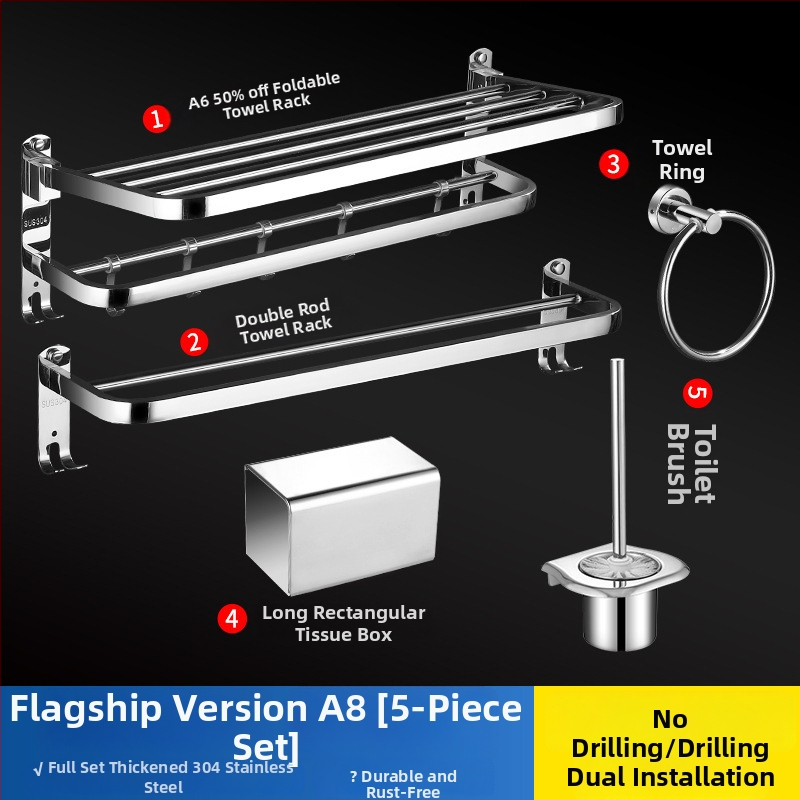 304 rozsdamentes acél törölközőtartó, polírozott felület, hat darabos készlet, modern minimalista fürdőszoba