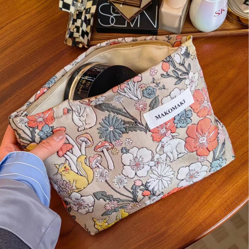 Vászon kozmetikai táska nőknek, hordozható, nagy kapacitású rendező a sminkhez és a higiéniai termékekhez, belső béléssel.