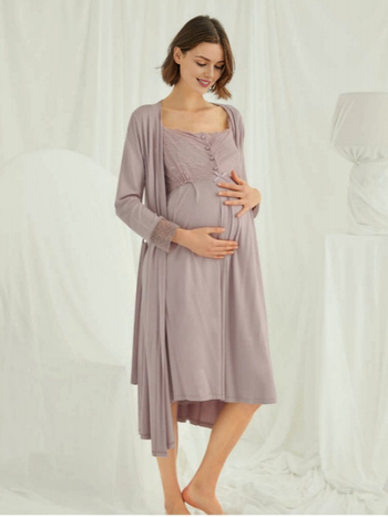 Rochie de noapte maternitate cu deschidere pentru alăptare, lungime midi, material mătase lapte, culoare solidă (Poliester 90–95% + Spandex)