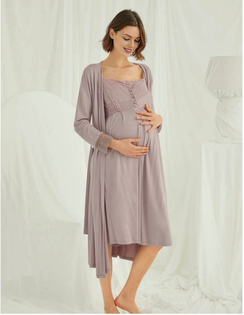 Rochie de noapte maternitate cu deschidere pentru alăptare, lungime midi, material mătase lapte, culoare solidă (Poliester 90–95% + Spandex)