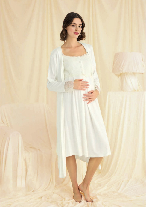 Rochie de noapte maternitate cu deschidere pentru alăptare, lungime midi, material mătase lapte, culoare solidă (Poliester 90–95% + Spandex)