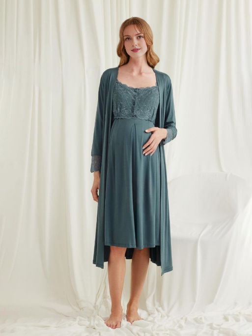 Rochie de noapte maternitate cu deschidere pentru alăptare, lungime midi, material mătase lapte, culoare solidă (Poliester 90–95% + Spandex)