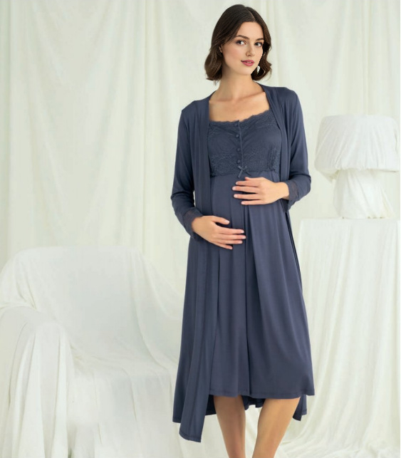 Rochie de noapte maternitate cu deschidere pentru alăptare, lungime midi, material mătase lapte, culoare solidă (Poliester 90–95% + Spandex)