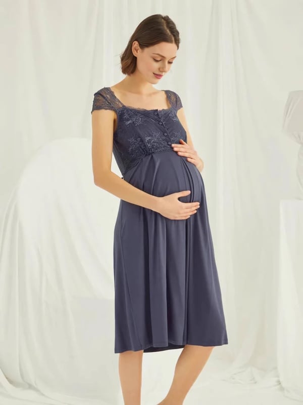 Rochie de noapte maternitate cu deschidere pentru alăptare, lungime midi, material mătase lapte, culoare solidă (Poliester 90–95% + Spandex)