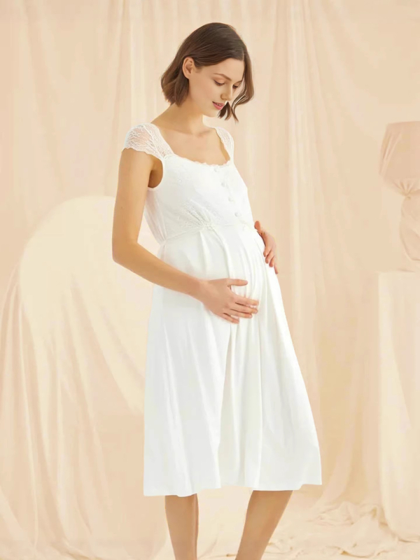 Rochie de noapte maternitate cu deschidere pentru alăptare, lungime midi, material mătase lapte, culoare solidă (Poliester 90–95% + Spandex)