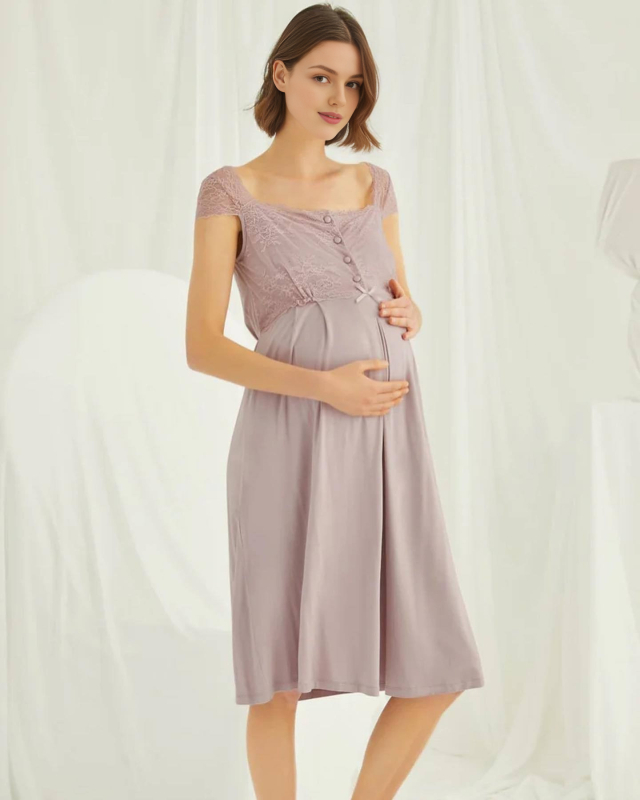 Rochie de noapte maternitate cu deschidere pentru alăptare, lungime midi, material mătase lapte, culoare solidă (Poliester 90–95% + Spandex)