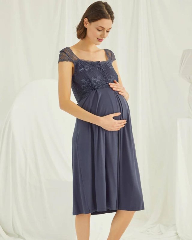 Rochie de noapte maternitate cu deschidere pentru alăptare, lungime midi, material mătase lapte, culoare solidă (Poliester 90–95% + Spandex)