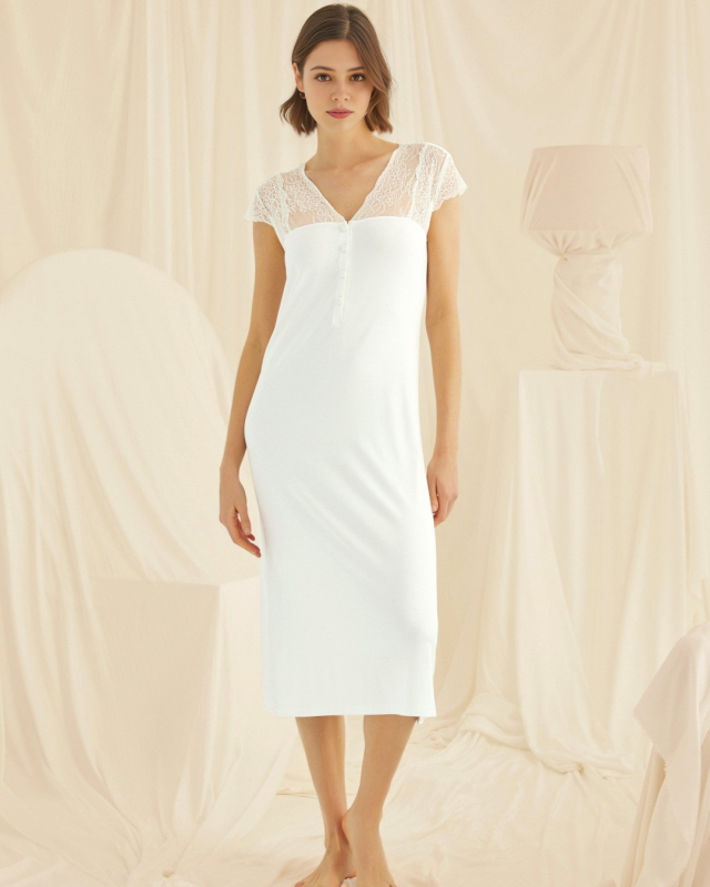 Rochie de noapte maternitate cu deschidere pentru alăptare, lungime midi, material mătase lapte, culoare solidă (Poliester 90–95% + Spandex)