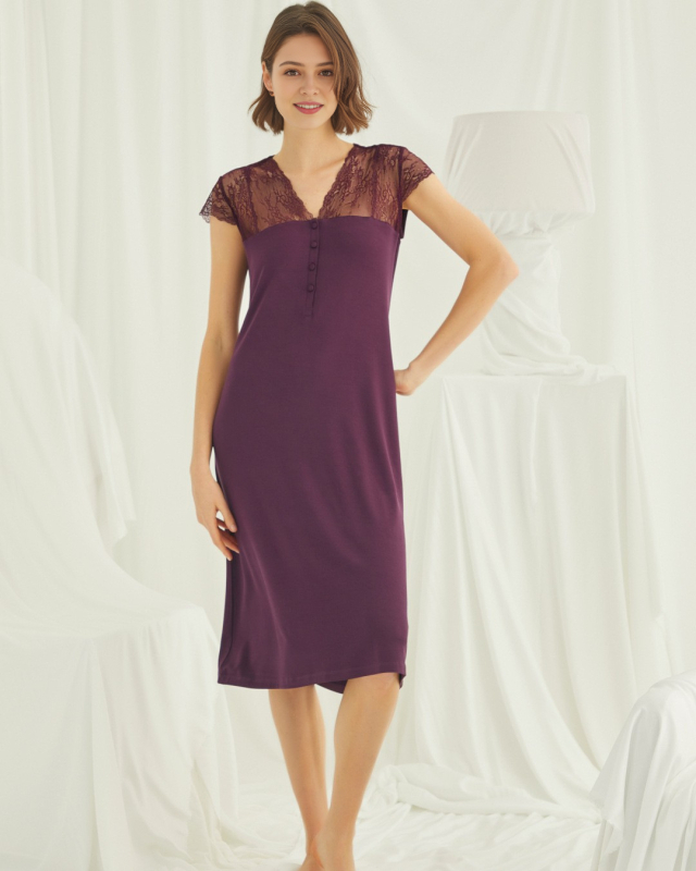 Rochie de noapte maternitate cu deschidere pentru alăptare, lungime midi, material mătase lapte, culoare solidă (Poliester 90–95% + Spandex)