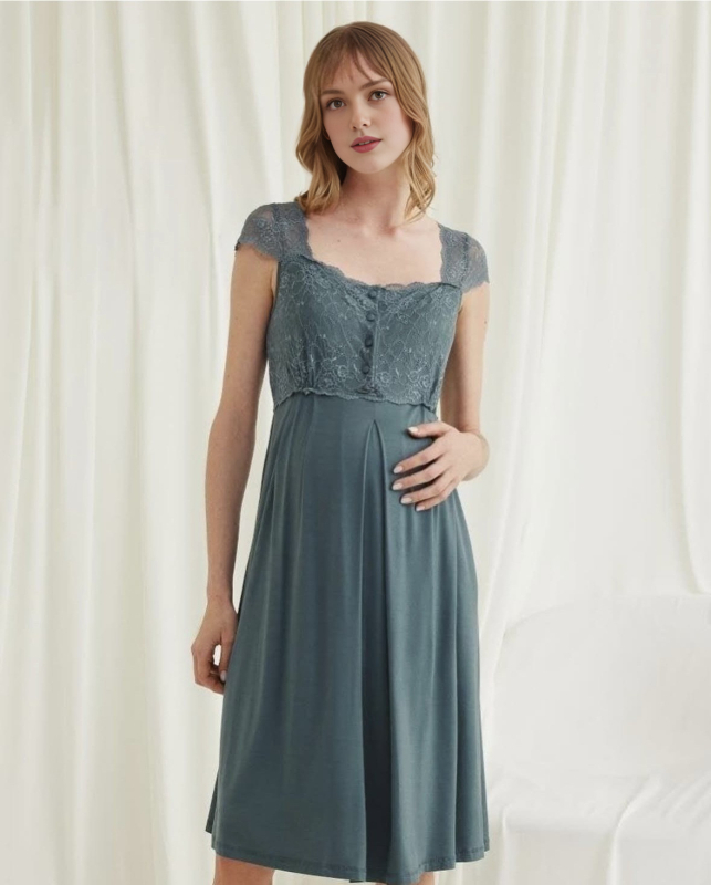 Rochie de noapte maternitate cu deschidere pentru alăptare, lungime midi, material mătase lapte, culoare solidă (Poliester 90–95% + Spandex)