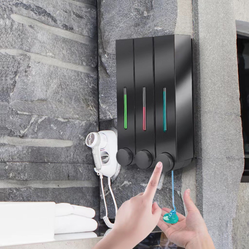 Стенно монтиран дозатор за сапун за хотелска баня - без пробиване, за шампоан и душ гел, ABS материал, инжекционно формован, ръчно натискане, стил модерен минимализъм