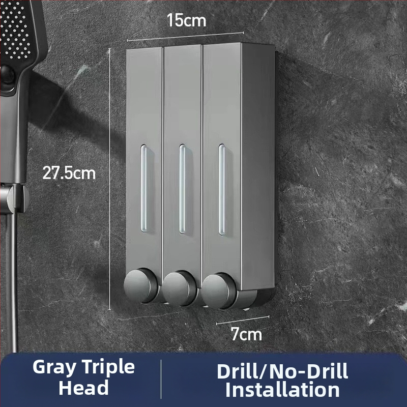 Стенно монтиран дозатор за сапун за хотелска баня - без пробиване, за шампоан и душ гел, ABS материал, инжекционно формован, ръчно натискане, стил модерен минимализъм