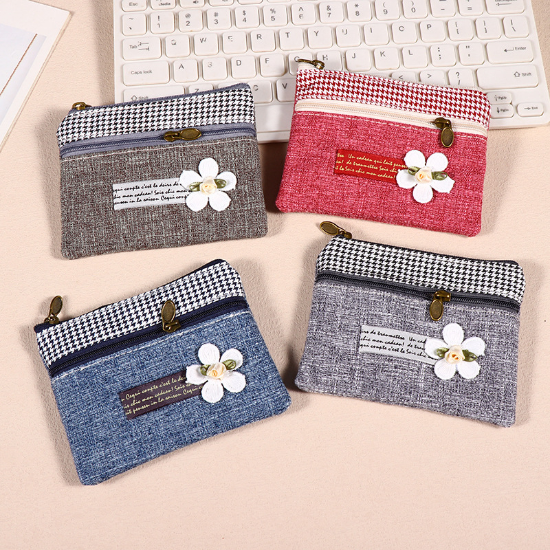 Portofel de monede din pânză cu fermoar dublu, pentru femei, cu buzunar pentru carduri și spațiu de depozitare, formă pătrată (Stil: urban simplu; Material: pânză; Formă: pătrată orizontală; Închidere: fermoar; Structură interioară: buzunar tip sandwich)