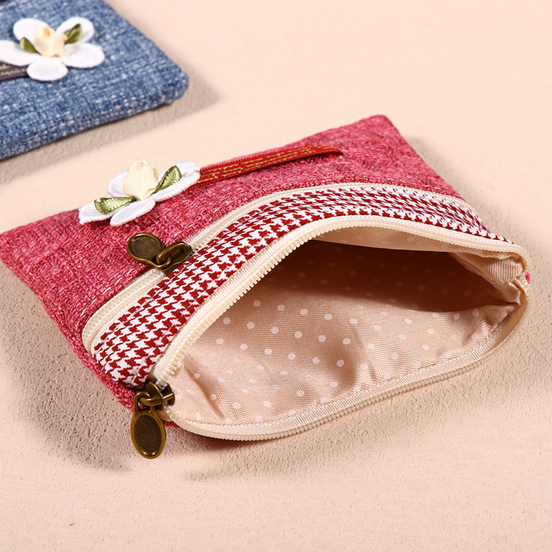 Portofel de monede din pânză cu fermoar dublu, pentru femei, cu buzunar pentru carduri și spațiu de depozitare, formă pătrată (Stil: urban simplu; Material: pânză; Formă: pătrată orizontală; Închidere: fermoar; Structură interioară: buzunar tip sandwich)