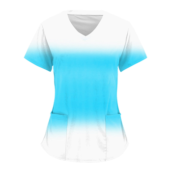 Ápolási egyenruha felső V-nyakkal, zsebekkel, laza szabású, rövid ujjú, digitális nyomtatás Milk Silk anyagon