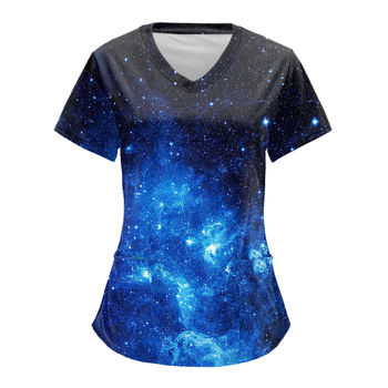 Ápolási egyenruha felső V-nyakkal, zsebekkel, laza szabású, rövid ujjú, digitális nyomtatás Milk Silk anyagon