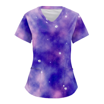 Ápolási egyenruha felső V-nyakkal, zsebekkel, laza szabású, rövid ujjú, digitális nyomtatás Milk Silk anyagon