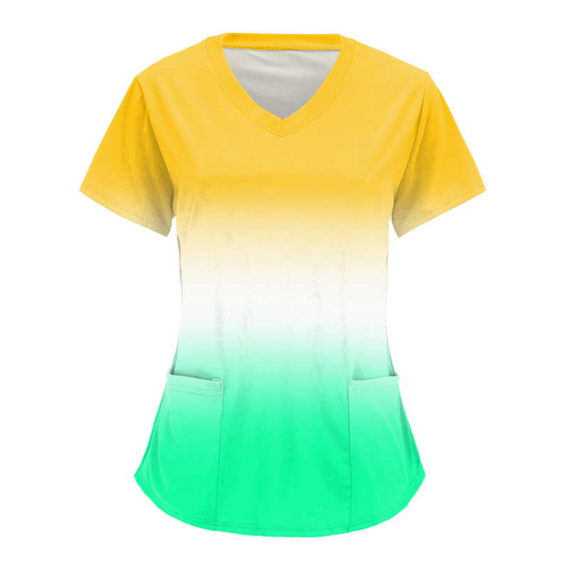 Ápolási egyenruha felső V-nyakkal, zsebekkel, laza szabású, rövid ujjú, digitális nyomtatás Milk Silk anyagon