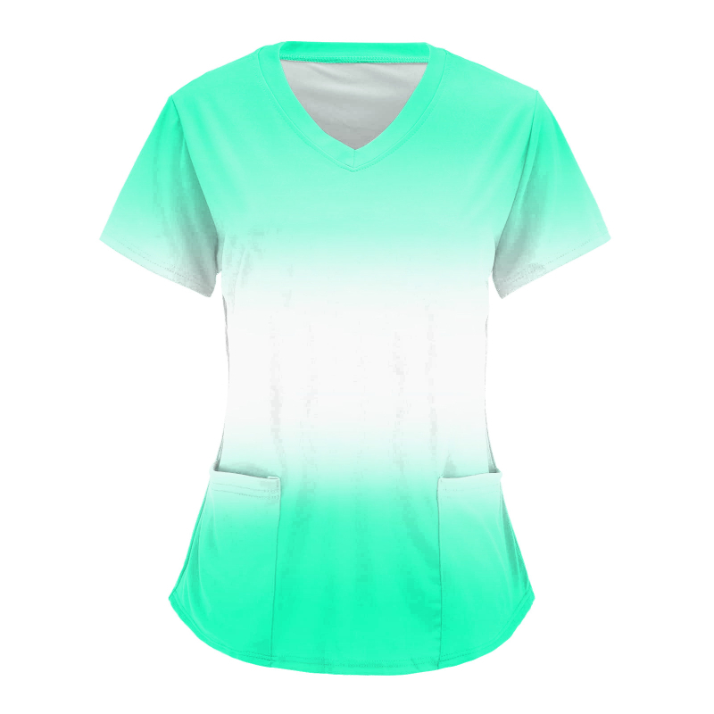 Ápolási egyenruha felső V-nyakkal, zsebekkel, laza szabású, rövid ujjú, digitális nyomtatás Milk Silk anyagon