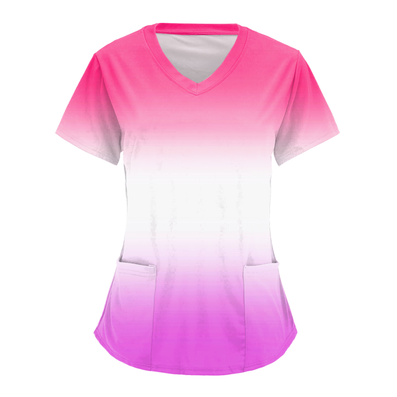 Ápolási egyenruha felső V-nyakkal, zsebekkel, laza szabású, rövid ujjú, digitális nyomtatás Milk Silk anyagon