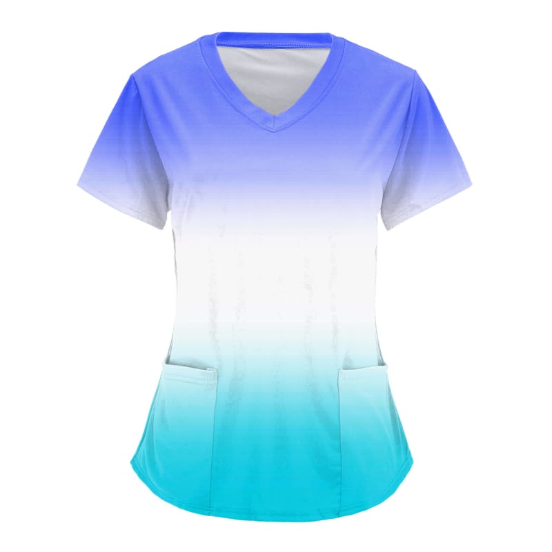 Ápolási egyenruha felső V-nyakkal, zsebekkel, laza szabású, rövid ujjú, digitális nyomtatás Milk Silk anyagon