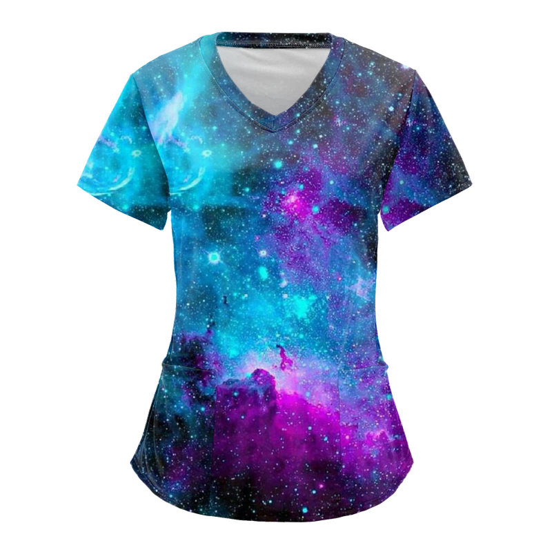 Ápolási egyenruha felső V-nyakkal, zsebekkel, laza szabású, rövid ujjú, digitális nyomtatás Milk Silk anyagon