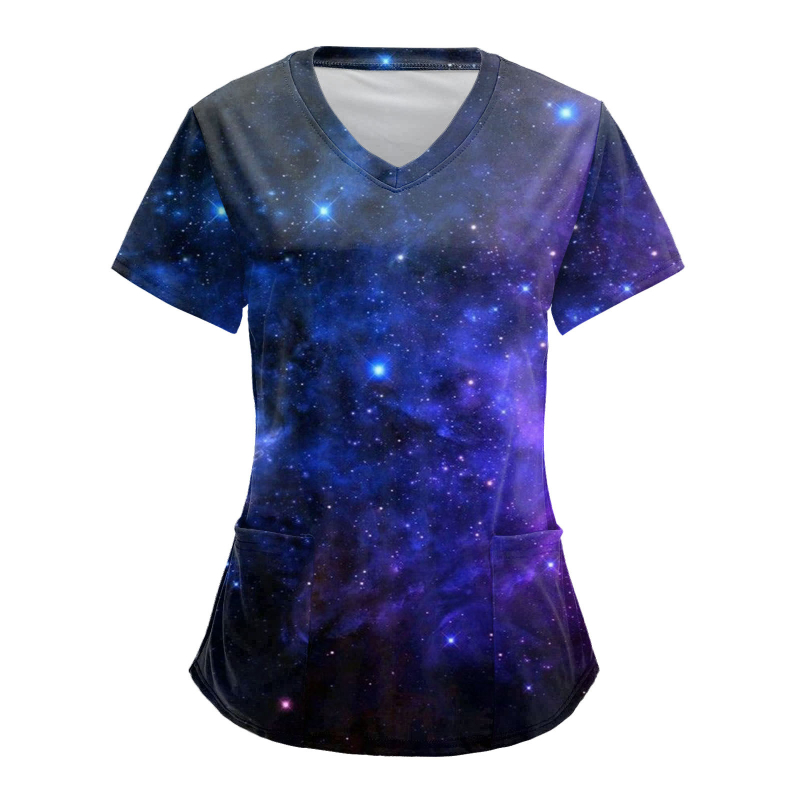 Ápolási egyenruha felső V-nyakkal, zsebekkel, laza szabású, rövid ujjú, digitális nyomtatás Milk Silk anyagon