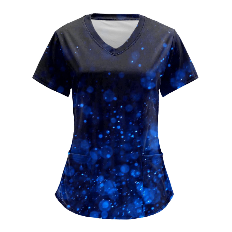 Ápolási egyenruha felső V-nyakkal, zsebekkel, laza szabású, rövid ujjú, digitális nyomtatás Milk Silk anyagon