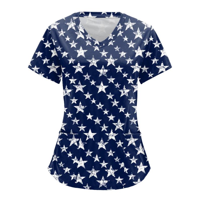 Ápolási egyenruha felső V-nyakkal, zsebekkel, laza szabású, rövid ujjú, digitális nyomtatás Milk Silk anyagon