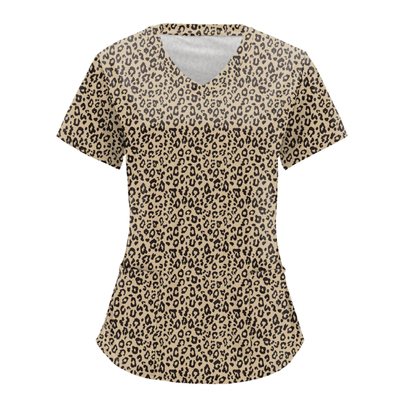 Ápolási egyenruha felső V-nyakkal, zsebekkel, laza szabású, rövid ujjú, digitális nyomtatás Milk Silk anyagon