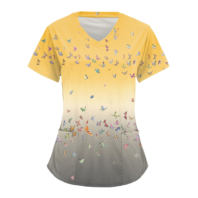 Ápolási egyenruha felső V-nyakkal, zsebekkel, laza szabású, rövid ujjú, digitális nyomtatás Milk Silk anyagon