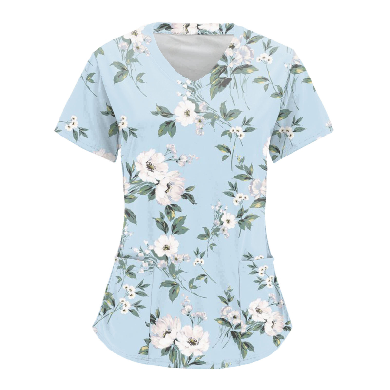 Ápolási egyenruha felső V-nyakkal, zsebekkel, laza szabású, rövid ujjú, digitális nyomtatás Milk Silk anyagon