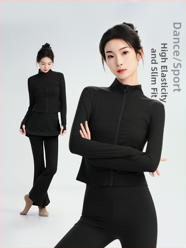 Modern táncruha készlet: hosszú ujjú, magas elasztikusságú felső, balett edzőkabát és tornász leotard; téli, tavaszi és őszi szezonokra; felnőtt női; poliészter/nylon anyag; bélés Modal 22% spandex