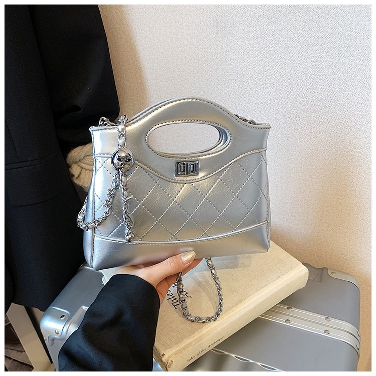 Geantă mini crossbody cu lanț, quilt diamantat, PU, închidere cu fermoar, buzunar ascuns