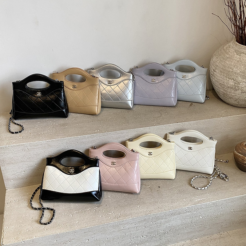 Geantă mini crossbody cu lanț, quilt diamantat, PU, închidere cu fermoar, buzunar ascuns