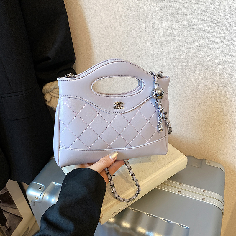 Geantă mini crossbody cu lanț, quilt diamantat, PU, închidere cu fermoar, buzunar ascuns