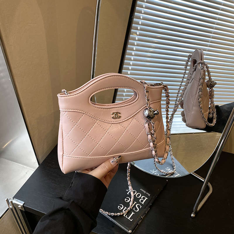 Geantă mini crossbody cu lanț, quilt diamantat, PU, închidere cu fermoar, buzunar ascuns