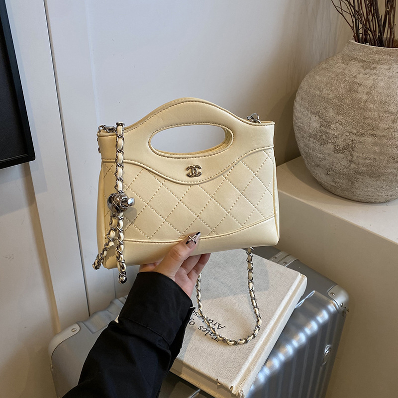 Geantă mini crossbody cu lanț, quilt diamantat, PU, închidere cu fermoar, buzunar ascuns